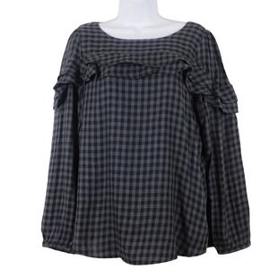 LOFT ANN TAYLOR Black Gray 100%Cotton GINGHAM RUFFLED BLOUSE Long Sleeve Med A11